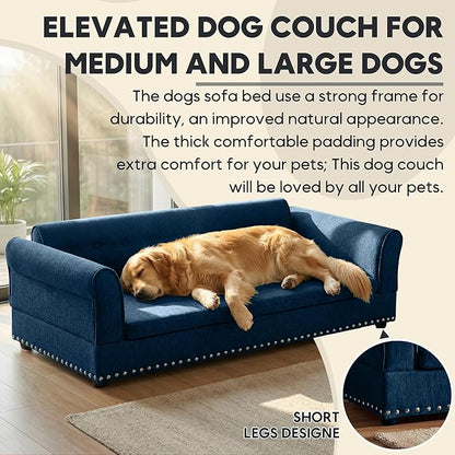 Elevated Dog Sofa for Medium to Large Dogs, Button Tufted Dog Couch Bed with Backrest and Armrests, Durable Memory Foam Pet Bed, Removable Cushion for Medium and Large Dogs, Dark Blue