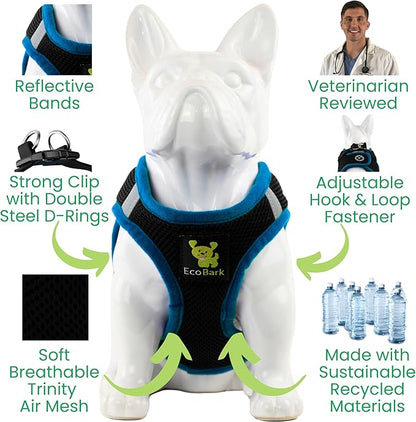 EcoBark Step in Dog Harness - Eco-Friendly Teacup Dog Harnesses for XXS, XS, and Small Dogs - Reflective and Adjustable Mini Body Halter Vest -Tiny Soft Mesh Toy Breed Harness (Black and Teal, XXS)