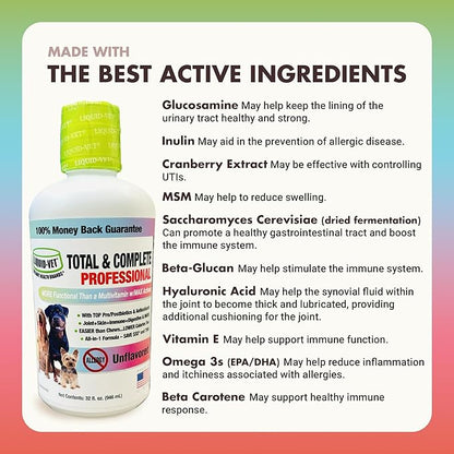 LIQUID-VET Total & Complete Support for Dogs – Joint, Allergy, Digestive & Immune Health – 10 Active Ingredients in 1 - Made for Picky Eaters (32 Fluid Ounce, Unflavored)