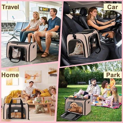 Cat Carrier Dog Carrier - Soft-Sided Cat Carrier with Plush Pad & Cooling Mat, Easy-Load 4-Side Zipper & 3-Side Mesh Ventilation, Pet Carrier Airline Approved for Cats/Dogs Up to 16 lbs, Brown