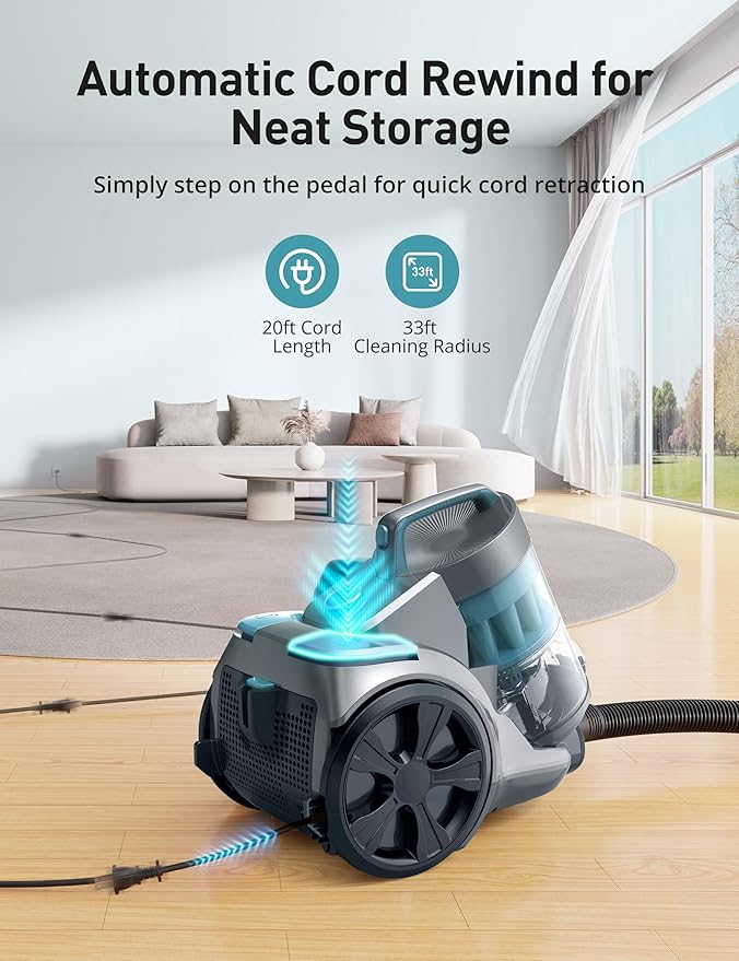 1700W Canister Vacuum Cleaner, 45Kpa Bagless Vacuum Cleaner, Multi-Cyclonic Filtration, 2 Anti-Allergen HEPA Filters, 3.5QT Dust Cup, 4 Tools, Corded Vacuum for Hard Floor, Pet Hair, Turquoise