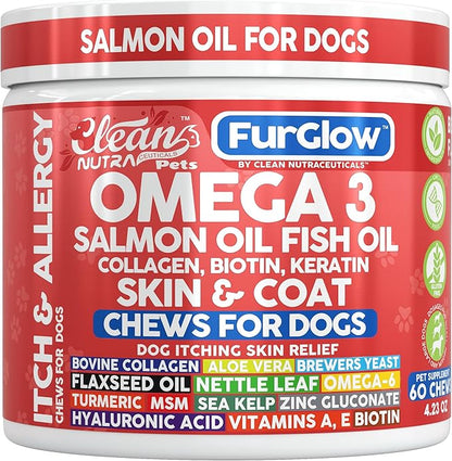 FurGlow Skin and Coat Supplement for Dogs Salmon Oil Omega 3 Fish Oil Turmeric Collagen Aloe Vera Flaxseed Oil Hyaluronic Acid Biotin Keratin Aloe Vera Allergy Relief Beef Flavor | Clean Nutra Pets