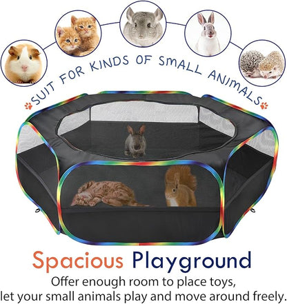 Pawaboo Small Animals Playpen, Waterproof Small Pet Cage Tent with Zippered Cover, Portable Outdoor Yard Fence with 3 Metal Rod for Chick/Kitten/Puppy/Guinea Pig/Rabbits/Hamster, Black + Rainbow
