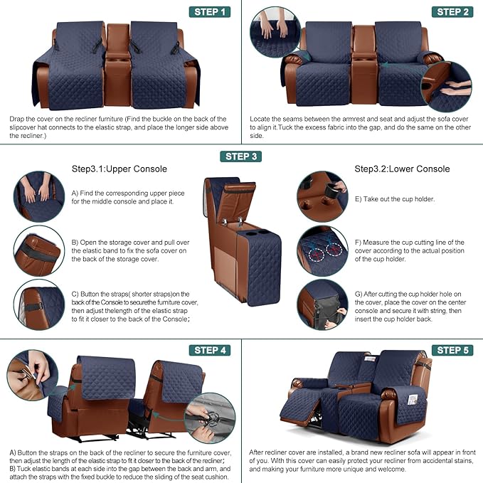 Ruaozz Waterproof Loveseat Recliner Cover with Console Non-Slip Reclining Couch Covers Split Sofa Slipcovers with Elastic Straps Furniture Protector for Kids, Dogs, Pets (Dark Blue, 2 Seater)