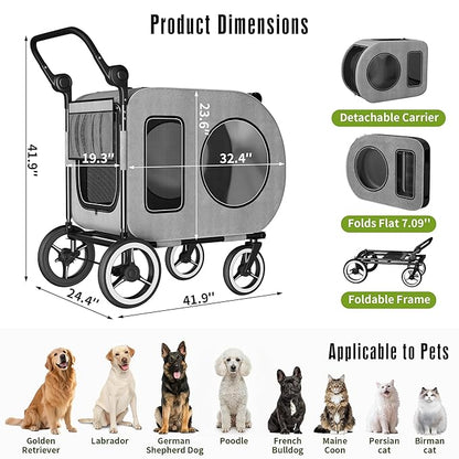kepptory Dog Stroller with Large Dog House, XL Pet Stroller for 2 Small Dogs with Panoramic Sunroof, Adjustable Handle, Storage Organizer and Sturdy Metal Frame,32.4Lx19.3Wx23.6H(House Size)