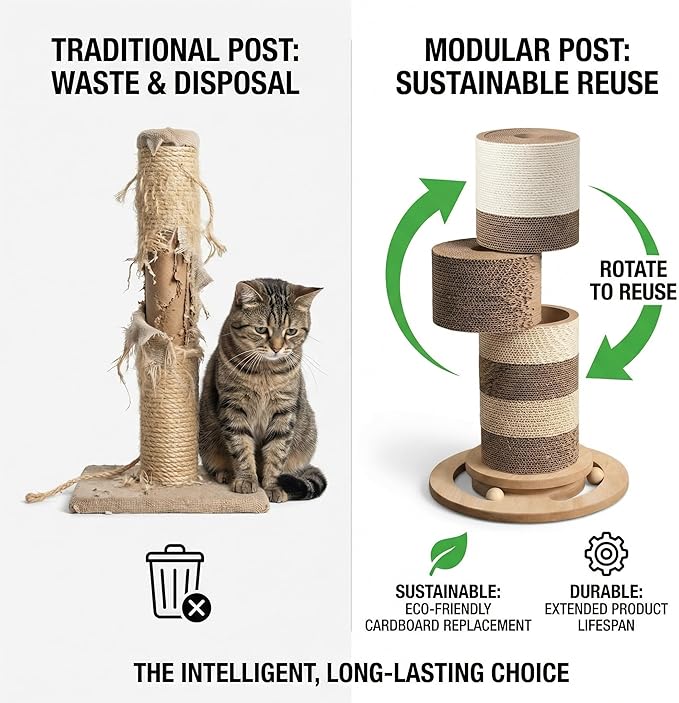 32” Tall Cat Scratching Post – Large Vertical Cardboard Cat Scratcher for Indoor Cats, Modular Replaceable Blocks, Heavy Stable Base, Modern Scratching Post for Adult & Large Cats