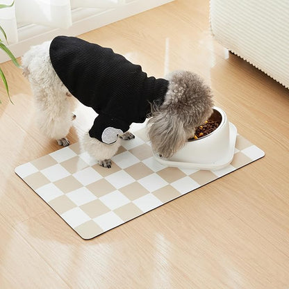 Ralxion Checkered Dog Feeding Mat, Absorbent Mats for Dog Food and Water Bowl, Dispenser, Retro Aesthetic Khaki Beige Checkerboard Pet Placemat for Dogs, Cats, Puppy Accessories, 12" X 19”
