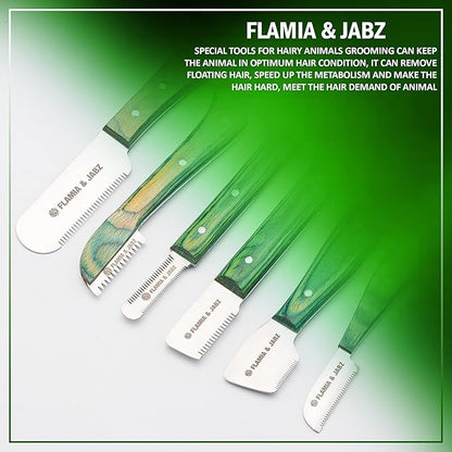 FLAMIA & JABZ FJ Professional Stripping Knife kit (6 pieces set) for Dogs & Pets, Wooden Handle Grip with Stainless Steel Blade (Right handed) (Green)