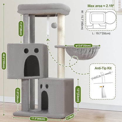 Small Cat Tree Tower for Indoor Cats, 40 in Medium Compact Adults Cat Beds Trees with 2 Condos, Sisal Scratching Post, Large Perch Platform, Multi-Level Kitty Kitten Climbing Stands House(Light Grey)