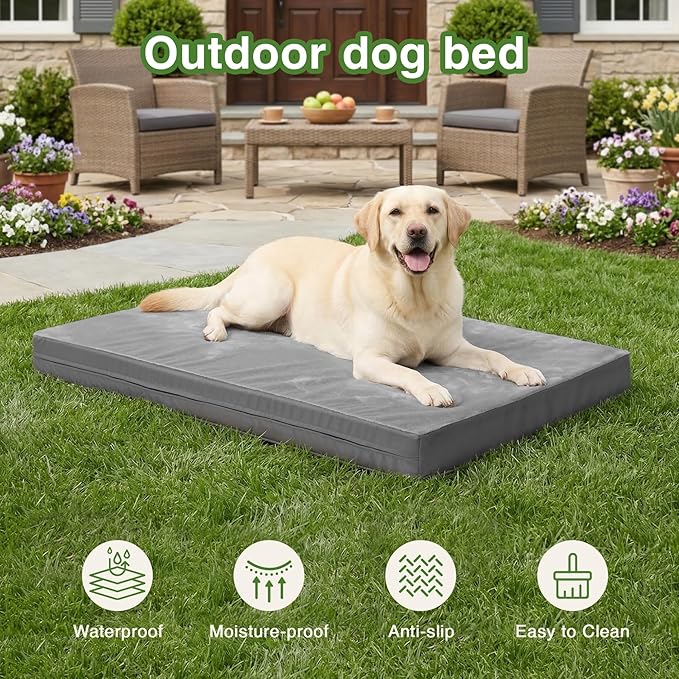 Waterproof XXL Dog Beds Large Sized Dog, Outdoor Washable Crate Pad 48 inch, Jumbo XXLarge Orthopedic Foam Pet Bed with Removable Cover Reversible, Durable Anti-Slip Kennel Pad, 47"x29", Gray
