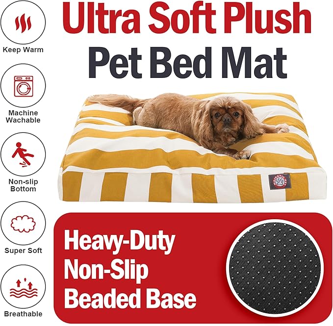 Majestic Pet Shredded Memory Foam Dog Bed Medium with Removable Washable Cover 35x29x4 Inch - Rectangle Orthopedic Dog Bed for Senior Dogs–Flat Durable Dogs Crate Bed - Vertical Stripe - Yellow