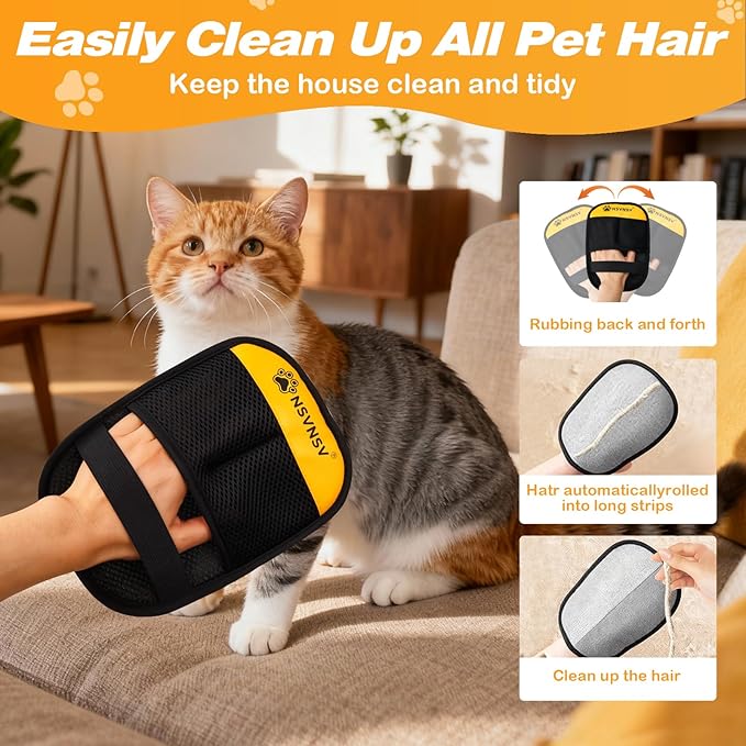 NSVNSV Pet Hair Removal Glove for Cats Dogs, Washable Reusable Animal Fur Removal Tool, Hair Retention Powerful Cat Grooming Gloves for Couch, Furniture, Carpet, Car Seat, Ease of Use