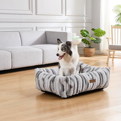 Modern Threads Ribbed Plush Two-Tone Cuddler Dog Bed, Ultra-Soft Faux Rabbit Fur, Supportive Bolstered Sides, Removable Washable Cover, Bed for Medium Dogs, Silver, (28" L x 21" W x 9" Th)