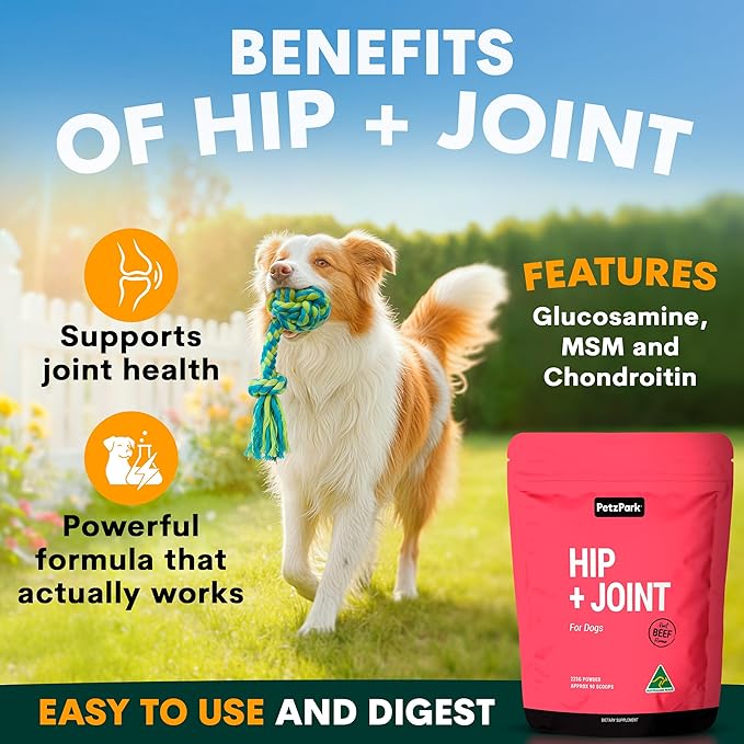 Petz Park Hip + Joint for Dogs 90 Scoops, Glucosamine for Dogs with Chondroitin and MSM, Dog Hip and Joint Supplement for Mobility Support, Dog Food Topper Powder for Joint Health and Flexibility