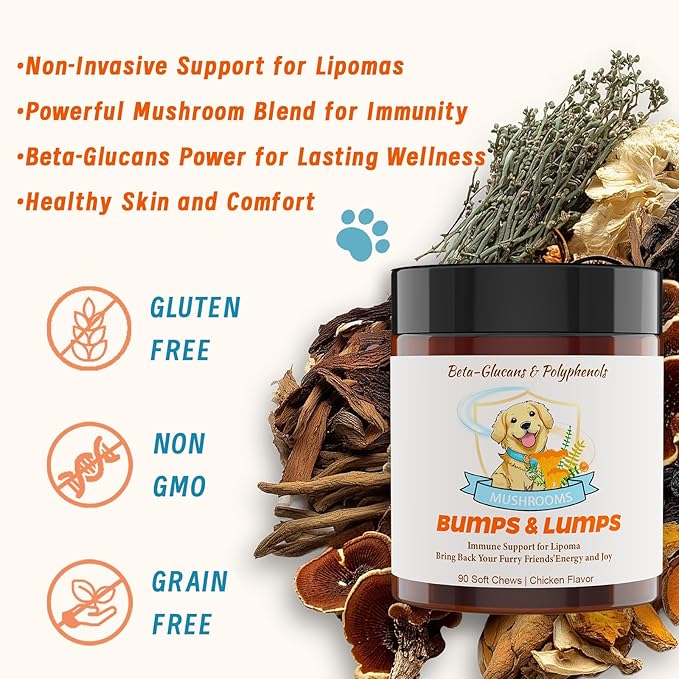 Natural Lipoma Support for Dogs, 7 Organic Mushroom Blend with Beta-Glucans, Boosts Immunity, 1500mg High Potency Turkey Tail, Reishi, Lion's Mane Helps Reduce Lumps & Bumps, 90 Chicken Soft Chews