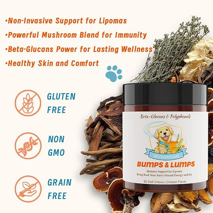 Natural Lipoma Support for Dogs, 7 Organic Mushroom Blend with Beta-Glucans, Boosts Immunity, 1500mg High Potency Turkey Tail, Reishi, Lion's Mane Helps Reduce Lumps & Bumps, 90 Chicken Soft Chews