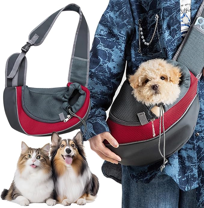 Pet Sling Carrier for Small Dogs & Cats, Hands-Free Drawstring Cat Travel Bag with Adjustable Strap, Soft Breathable Mesh Carring Holder with Safety Hook & Zipper, Suitable for Puppies, Kitten