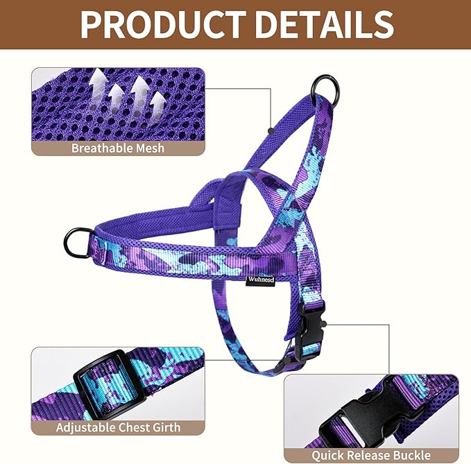 No Pull Dog Harness and Leash Set-Vest Harness with Handle&5FT Dog Leash with Car Seatbelt Clip,Breathable Mesh&Quick Fit Dog Harness Easy for Medium Large Dogs Training Walking(Camo Purple,M)
