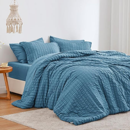 Love's cabin Seersucker Misty Blue King Size Comforter Set, 7-Piece All Season Lightweight Bed in a Bag Bedding Set with Comforter, Flat Sheet, Fitted Sheet, Pillowcases and Shams | Soft, Breathable, Lightweight