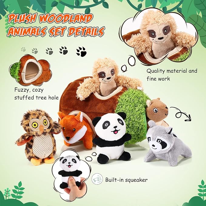 Skylety 7 Pieces Hide and Seek Dog Toys Activity Puppy Chew Squeaky Toys Plush Stuffing Burrow Woodland Stuffing with Squeakers for Small Medium Pets Dogs Puppy Gift(Cute,Small)