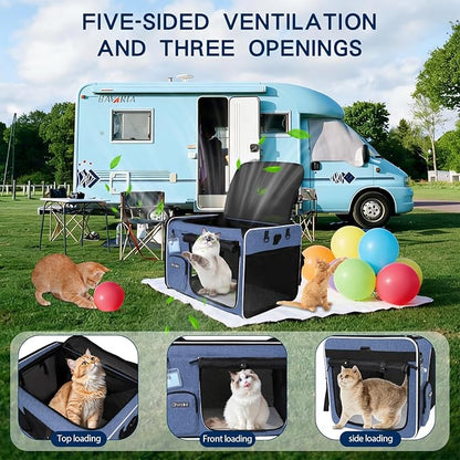 Petskd Extra Large Cat Carrier with Litter Box for Car Travel,24"x17"x17"Portable Soft-Sided Pet Carrier with Zipper Locks for Large Mudium Cats or 2 Small Cats Under 55LBS(Blue)