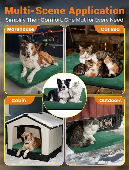 PETNF Outdoor Pet Heating Pad for Cats & Dogs, 100.4-107.6°F Auto Temp Control, Waterproof Fireproof, for Cat House/Dog Kennel/Carport, Fits Domestic & Stray Pets (Green 15.7"X27.6")