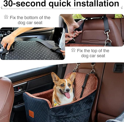YOUVEE Dog Car Seat for Small/Medium Dog 20lbs 25lbs up to 32 lbs,Fully Detachable and Washable Puppy Booster seat with Storage Pockets,2 Adjustable Safety Belts(Black Outside Brown Inside)