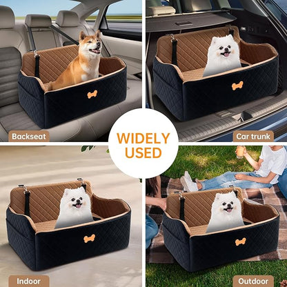 Car Seat for Large Size Dog, Booster Seat for Dogs Under 55 lbs or 2 Small Dogs, Soft Car Dog Bed Filling in Thick Memory Foam with 2 Safety Leashes and Storage Pocket (Brown/Black)