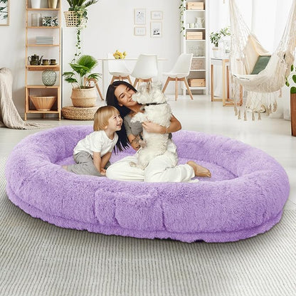 Human Dog Bed, 71''x45''x12'' Size Fits People and Pet 10 CM Thick Memory Foam Washable Adult Large Bed Giant Oversize Foldable Dog Bed with Plump Pillow, Blanket, Strap - Purple