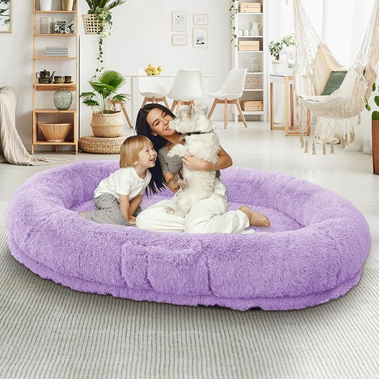 Human Dog Bed, 71''x45''x12'' Size Fits People and Pet 10 CM Thick Memory Foam Washable Adult Large Bed Giant Oversize Foldable Dog Bed with Plump Pillow, Blanket, Strap - Purple