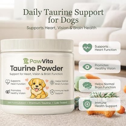 Pawvita Taurine Powder for Dogs, Pure Taurine Supplement, Supports Heart Health, Vision, Skin & Coat, Boosts Energy & Daily Wellness, Easy to Mix in Food, with Dosing Spoon, 200 Grams/ 7.05 oz