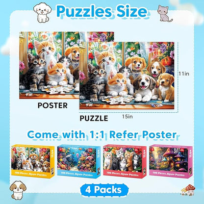 4 Packs 100 Piece Puzzles for Kids Ages 4-6 6-8 8-10, Cats Dogs Sea World Mushroom Large Piece Puzzle for Seniors 100 Pieces Adults Jigsaw Puzzle Learning Educational Xmas Toys for Boys and Girls