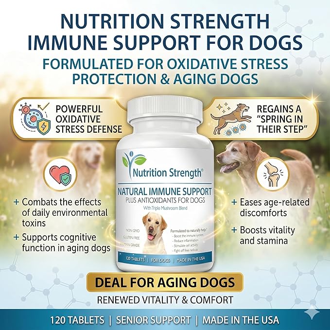Immune Support for Dogs - Turkey Tail, Reishi, Shiitake & Maitake Mushroom Complex - Senior Dog Health, Antioxidants, CoQ10, Selenium, Vitamin A - 120 Chewable Tablets