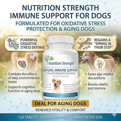 Immune Support for Dogs - Turkey Tail, Reishi, Shiitake & Maitake Mushroom Complex - Senior Dog Health, Antioxidants, CoQ10, Selenium, Vitamin A - 120 Chewable Tablets