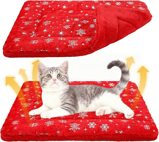 2 Pack Winter Self Warming Cat Mat Snowflake Red Self Heating Pad Bed 22" x 18" Reversible Reflects Body Heat Machine Washable Thermal Pet Blanket for Winter Indoor Pet Kitten Dog Crate