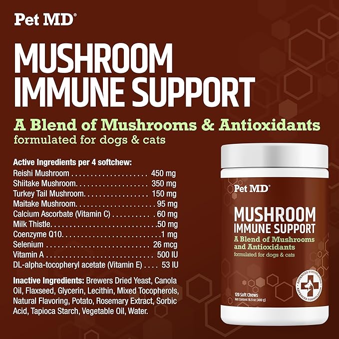 Pet MD Mushroom Immune Support for Dogs & Cats - Turkey Tail Mushroom Immune Support Supplement - Milk Thistle with CoQ10 for Dogs & Cats - Immunity Supplement for Pets - 120 Chews