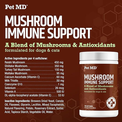 Pet MD Mushroom Immune Support for Dogs & Cats - Turkey Tail Mushroom Immune Support Supplement - Milk Thistle with CoQ10 for Dogs & Cats - Immunity Supplement for Pets - 120 Chews