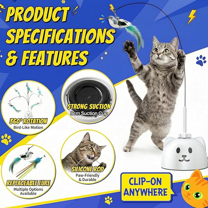 CATPICK Interactive Cat Toys for Indoor Cats - Automatic Flying Bird Feather Toy, USB Rechargeable Electric Cat Teaser with Strong Sticky Base, Smart Motion Self-Play Toy for Bored Cats(Brown)