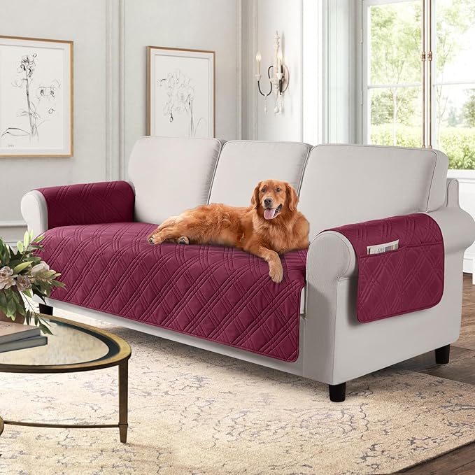 TAOCOCO Waterproof Couch Covers for Pets Dogs with Non Slip Backing, Sofa Seat Covers with Side Pocket for 3 Cushion Couch Washable Dog Couch Cover Protector Sofa Slipcovers(Sofa, Wine)