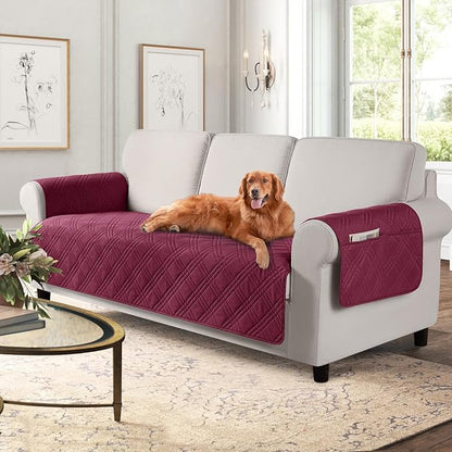 TAOCOCO Waterproof Couch Covers for Pets Dogs with Non Slip Backing, Sofa Seat Covers with Side Pocket for 3 Cushion Couch Washable Dog Couch Cover Protector Sofa Slipcovers(Sofa, Wine)