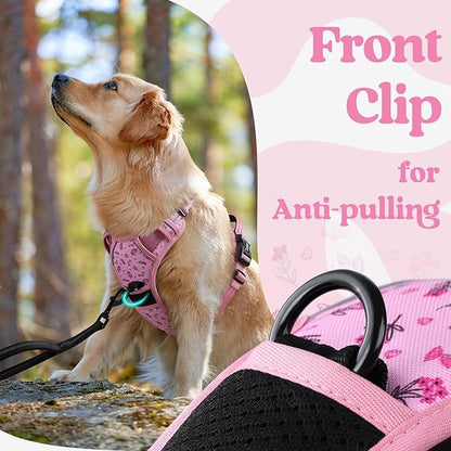 rabbitgoo Dog Harness Medium Sized, No Pull Pet Harness with 3 Buckles, Adjustable Soft Padded Vest with Control Handle, Walking Reflective Pet Vest for Medium Dogs, Floral Pink, M