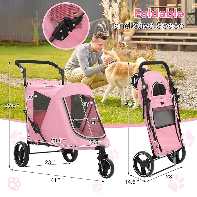 Pet Stroller for Large Dogs or Multiple Dogs Cats with Adjustable Handle, 3-Wheels Dual Entry Visible Portable Dog Carting Easy Folding Pet Wagon Double Dog Stroller up to 55 lbs, Pink