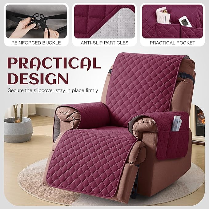 KinCam 100% Waterproof Recliner Chair Cover, Reclining Couch Covers for Pets, Dogs, Recliner Couch Slipcover Furniture Protector with Elastic Straps for Kids(28", Burgundy)