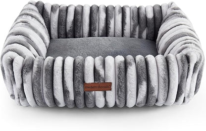 Modern Threads Ribbed Plush Two-Tone Cuddler Dog Bed, Ultra-Soft Faux Rabbit Fur, Supportive Bolstered Sides, Removable Washable Cover, Bed for Medium Dogs, Silver, (28" L x 21" W x 9" Th)