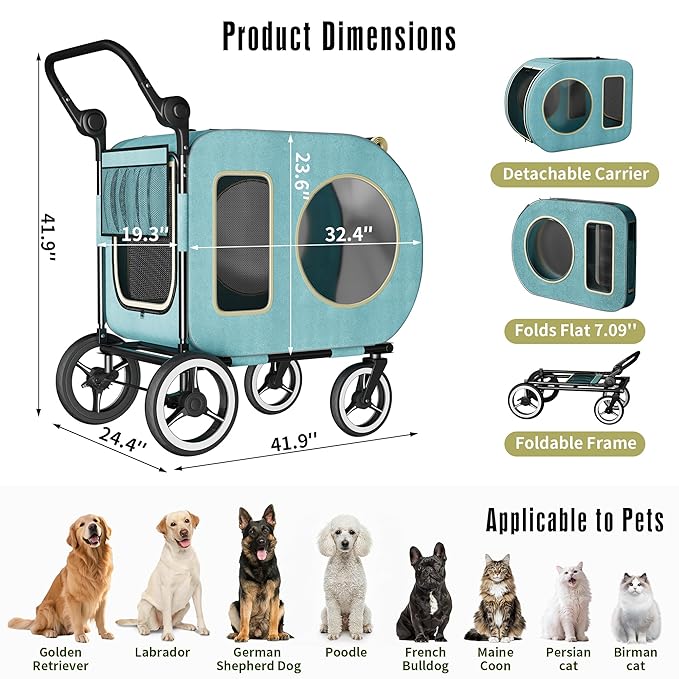 kepptory Dog Stroller with Large Dog House, XL Pet Stroller for 2 Small Dogs with Panoramic Sunroof, Adjustable Handle, Storage Organizer and Sturdy Metal Frame,32.4Lx19.3Wx23.6H(House Size)