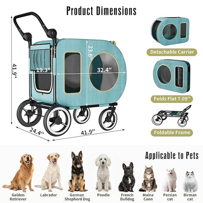 kepptory Dog Stroller with Large Dog House, XL Pet Stroller for 2 Small Dogs with Panoramic Sunroof, Adjustable Handle, Storage Organizer and Sturdy Metal Frame,32.4Lx19.3Wx23.6H(House Size)
