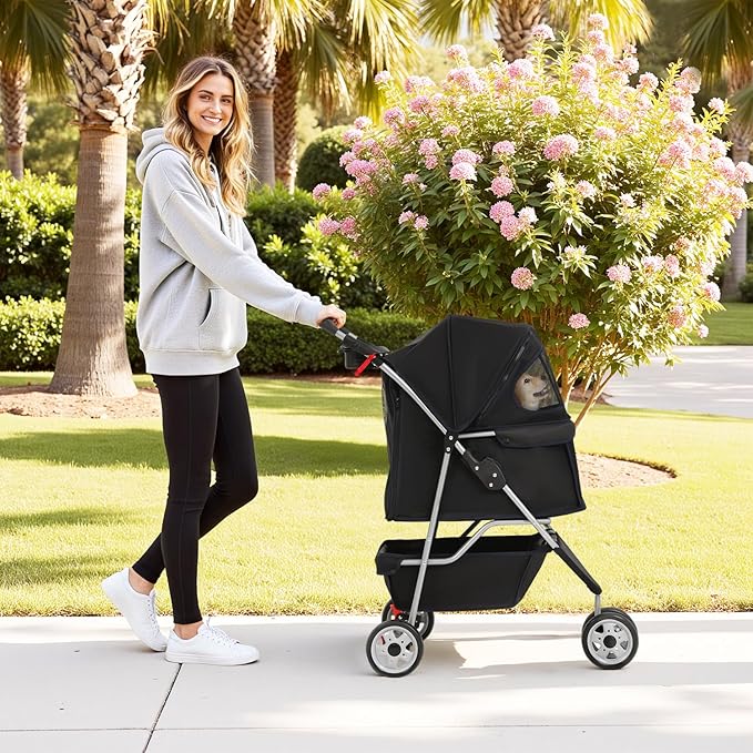 BestPet | 3-Wheel Pet Stroller | Dog and Cat Stroller | Breathable Mesh | Lightweight Travel Carrier | Waterproof & Foldable Design | Storage Basket | Black | for Daily Walks & Outdoor Use