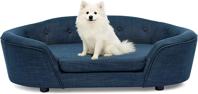 Dog Couch Bed with Oval Semi-Enclosed, Durable Linen Material Pet Sofa with Soft Foam Cushion, Dog Sofa Bed with Legs for Medium Dogs, Dark Blue