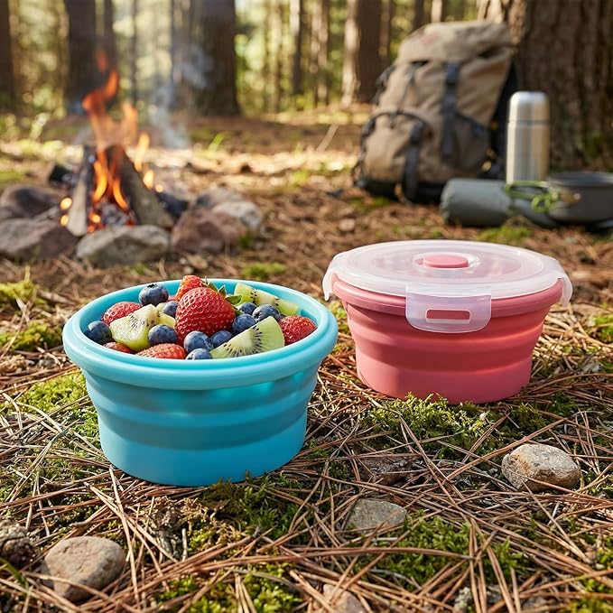 MAQUITA 6 Pcs Bowls with Lids Silicone Camping Food Storage Container Expandable Folding Salad Lunch Box Travel Container for Hiking Camping