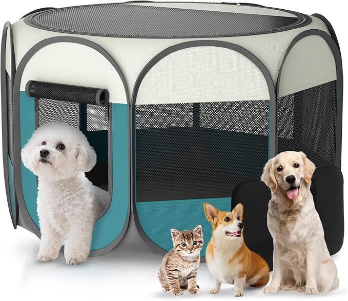 Portable Pet Playpen for Cat Dog - Foldable Medium Pet Play Pen with Removable Zipper Top for Cat Small Dog Enclosed - Pop Up Puppy Kitten Kennel with Carrying Case for Indoor Outdoor Travel Camping